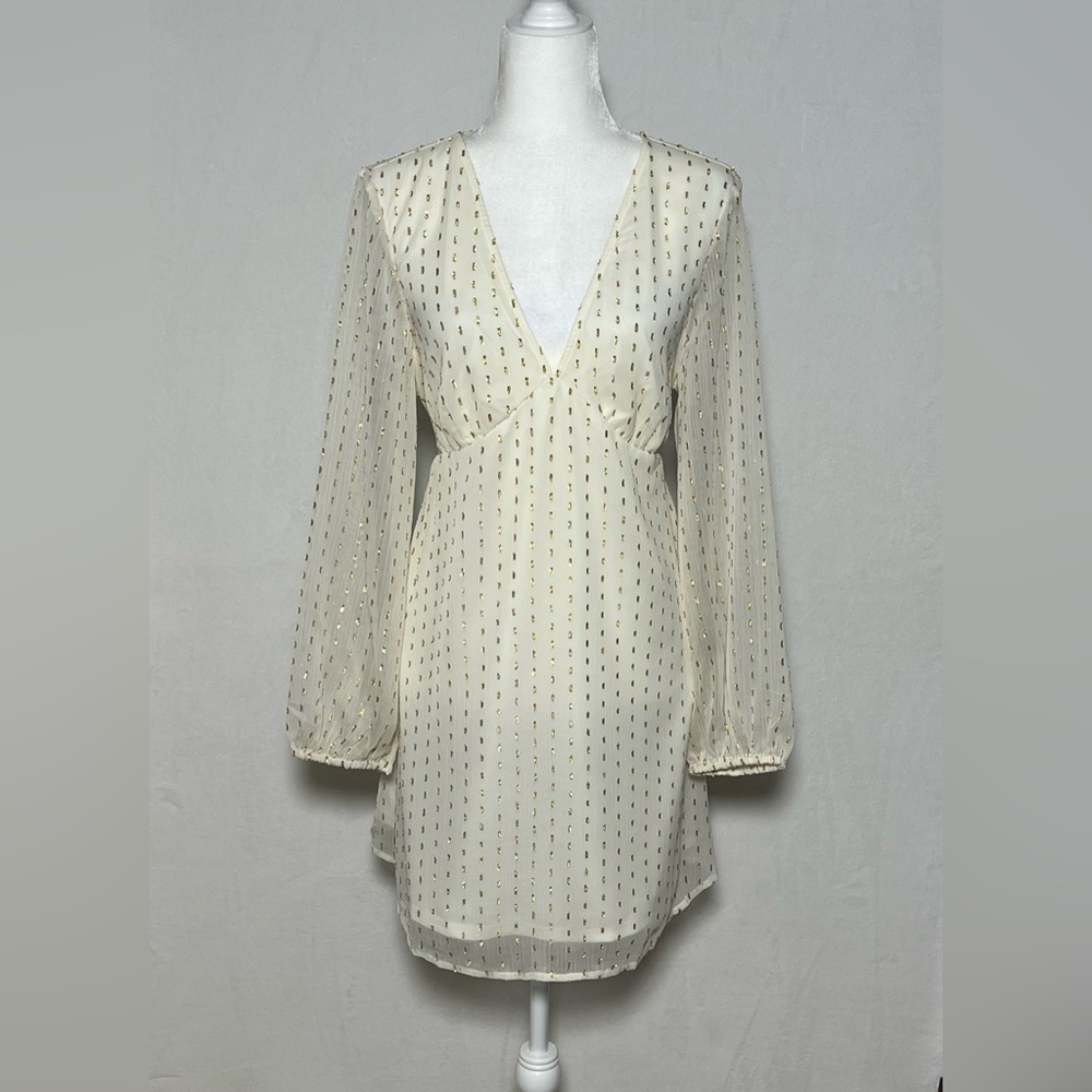*NWT* OLD NAVY Sheer Cream V-Neck Long Sleeve Mini Dress w/ Gold Print - size L